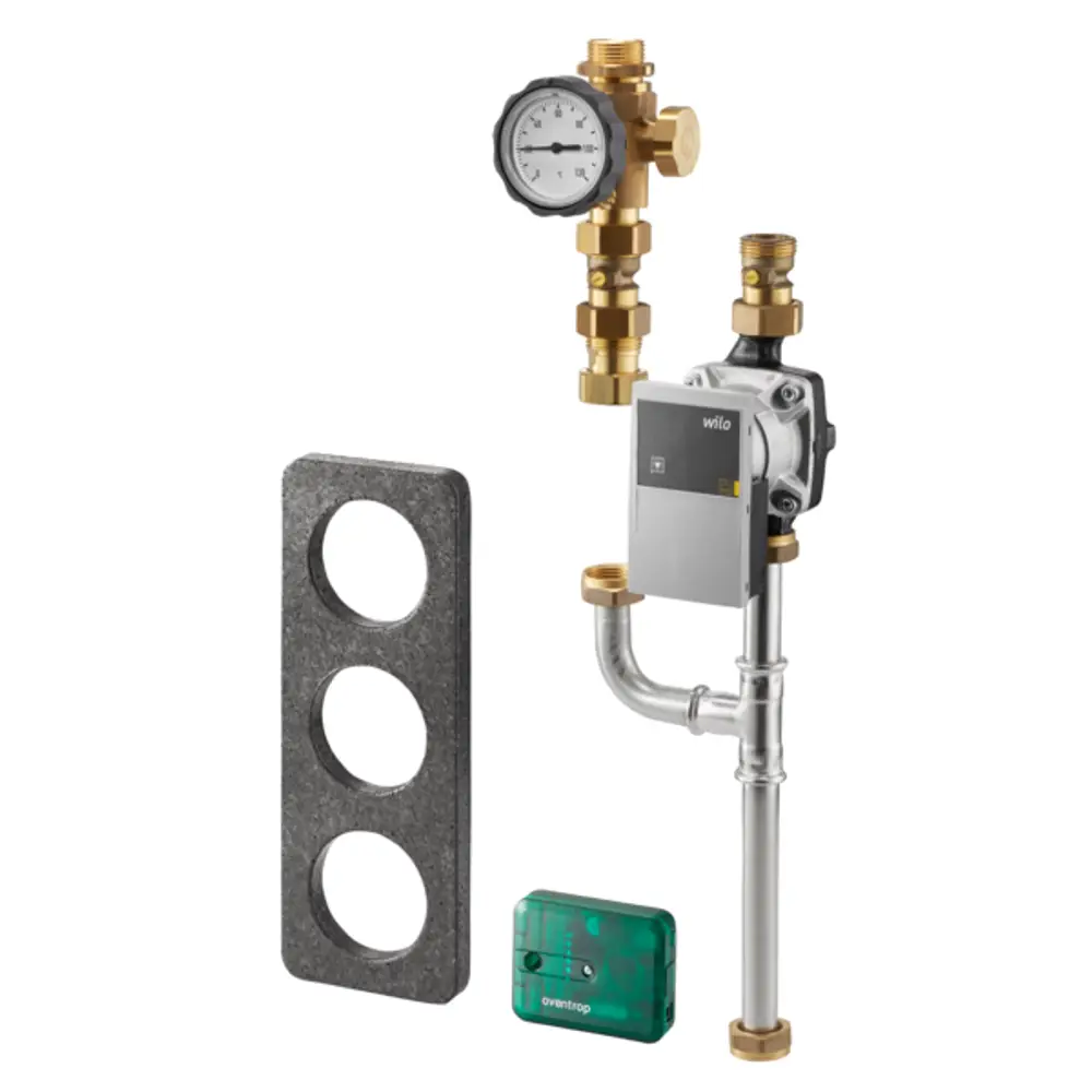 Oventrop Regusol X Ergänzungsset mit Hocheffizienzpumpe, Druckmanometer, Verbindungsstück und Adapterplatte zur Installation eines Heizsystems.